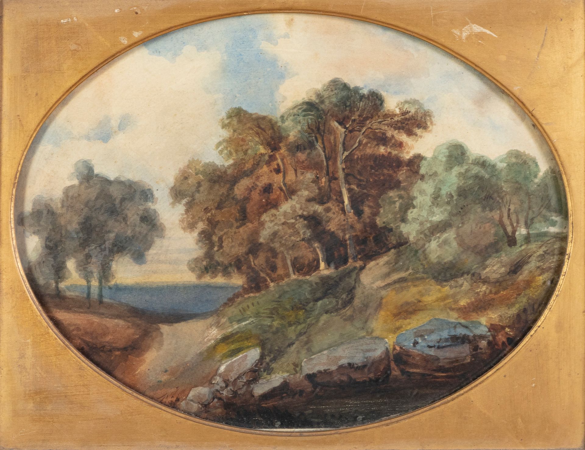 Null 19世纪法国学校

景观与树木

木板上的油画，木框和镀金灰泥受损

28 x 38 cm