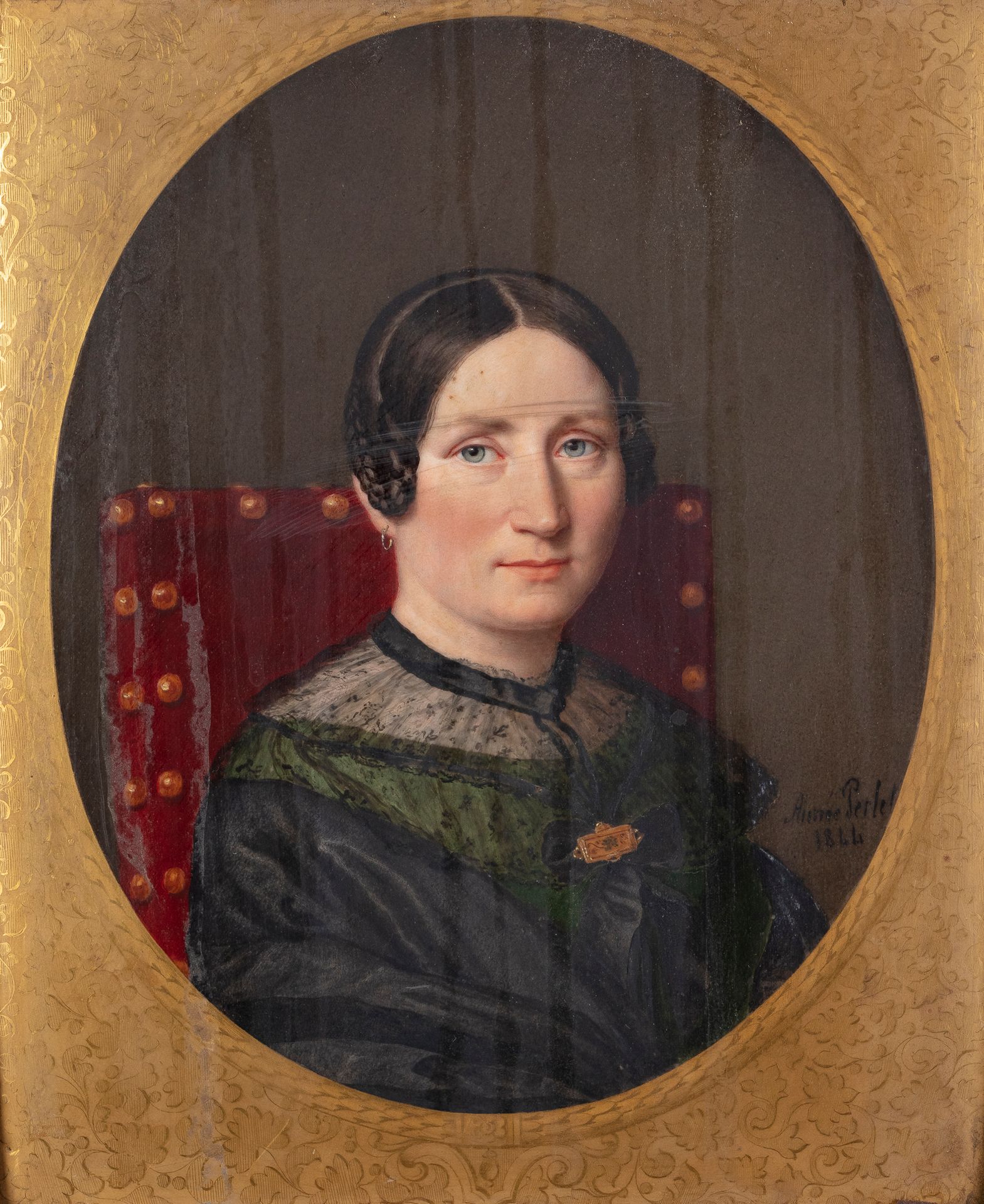 Null 艾梅-佩雷 (约1798-1854)

穿着绿色衣服和红色天鹅绒扶手椅的女人肖像

瓷器上的微型画，右下方有签名，日期为1844年

25 x 20厘&hellip;