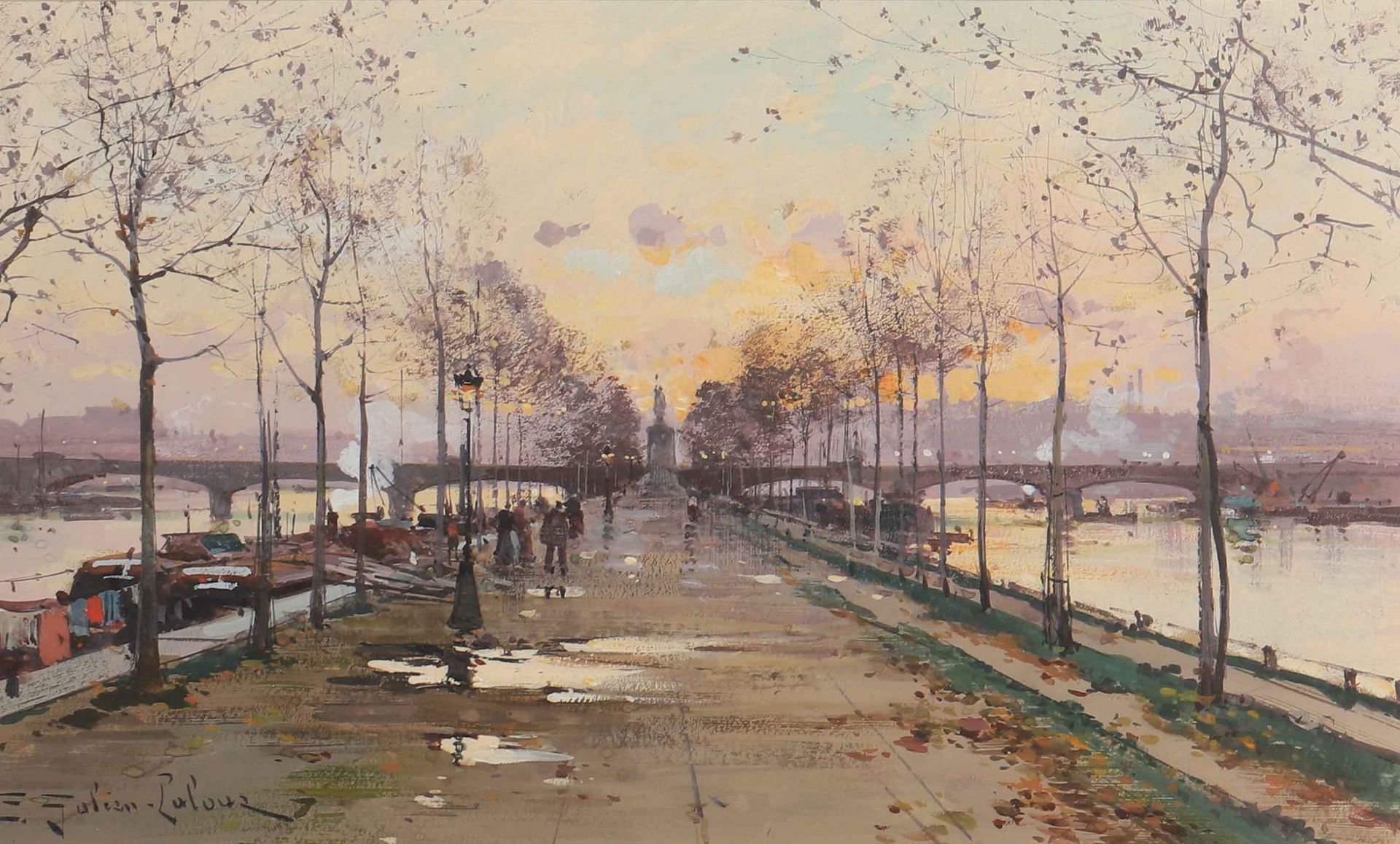 Null 欧仁-加里安-拉卢埃(1854-1941)

巴黎的天鹅岛

水粉画，左下角有签名

18 x 30厘米