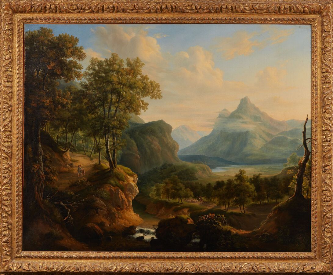 Charles Claude DELAYE (1793-1848) Paisaje animado con un lago Óleo sobre  lienzo, firmado abajo a la izquierda (restauraciones) 71,5 x 90,5 cm