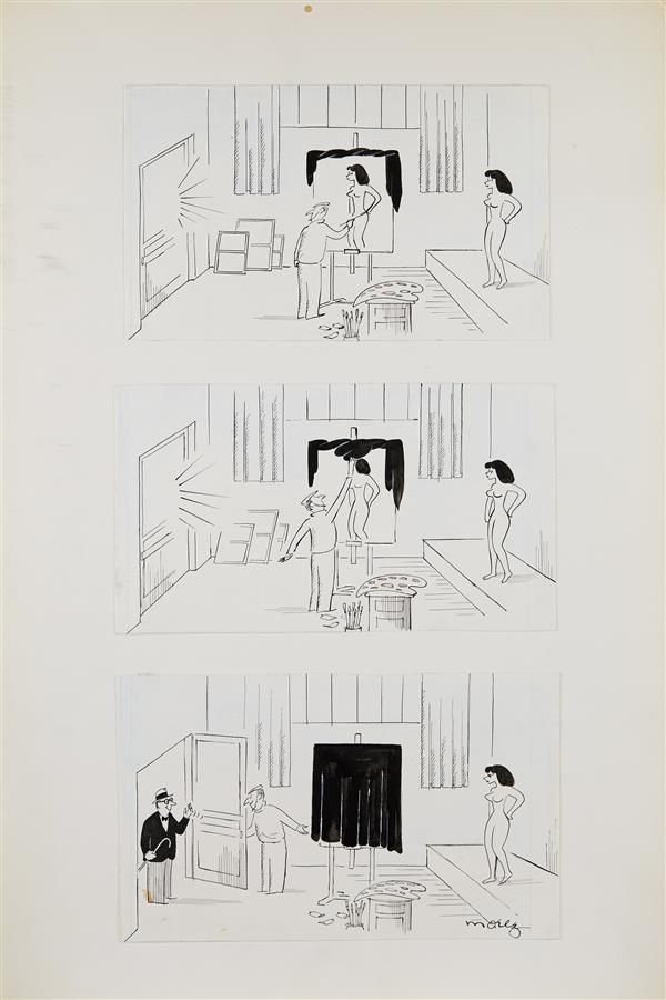 Null 亨利-莫尔兹 (1922-2017)
由三个小插图组成的板块（艺术家的工作室）
黑色墨水，蓝色铅笔和白色水粉，右下角有签名的3号小图案（污渍）。
 最&hellip;