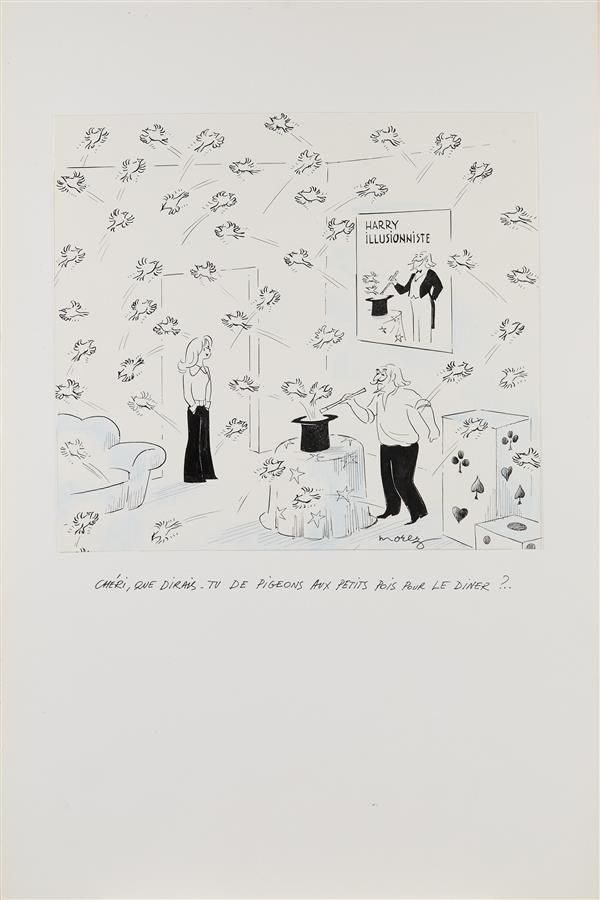 Null 亨利-莫尔兹(1922-2017)
亲爱的，鸽子和豌豆做晚餐怎么样？
黑色墨水、蓝色铅笔和白色水粉画，右下角有签名 
24 x 26 cm