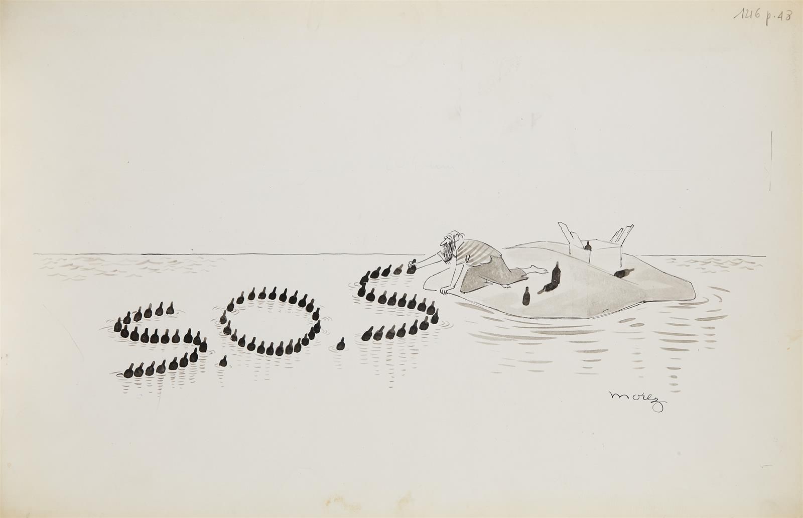 Null Henri MOREZ (1922-2017)
SOS
黑墨水和水墨，右下角有签名（绝缘，污点）。
32,5 x 50 cm