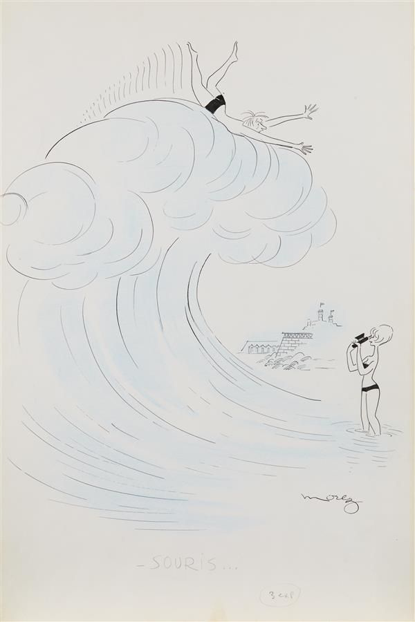 Null Henri MOREZ (1922-2017)
- 鼠标...
黑色墨水，蓝色铅笔和白色水粉画，右下角有签名 
50 x 32.5 cm
