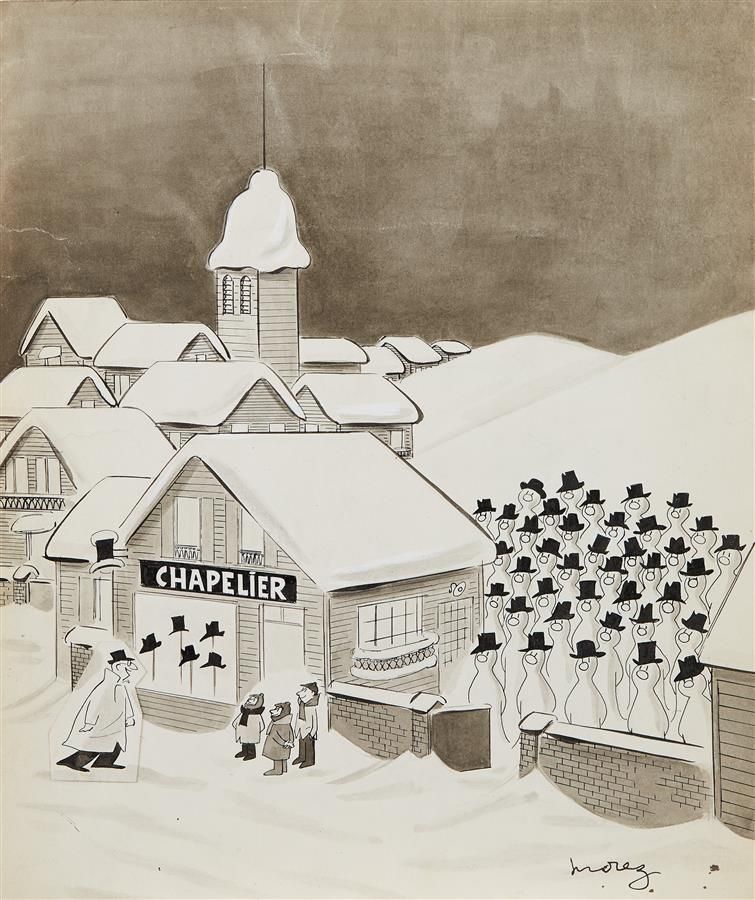 Null Henri MOREZ (1922-2017)
疯人院
黑墨水、水墨、白色水粉和拼贴画，右下方有签名 
36 x 30 cm