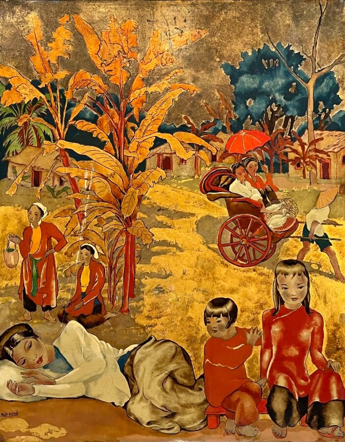Null 阿利克斯-艾梅（1894-1989）
越南风景，躺着的女人
木板上的漆和金箔，左下方有签名（划痕和细小痕迹）
48.1 x 38 厘米

出处：安南（&hellip;