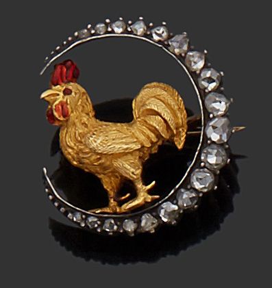 Null PETITE BROCHE coq en or jaune 18k (750 millièmes) et argent sertie de diama&hellip;