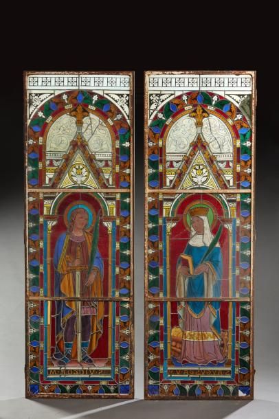 Null Une paire de vitraux rectangulaires à décor néo-gothique d'un saint et d'un&hellip;