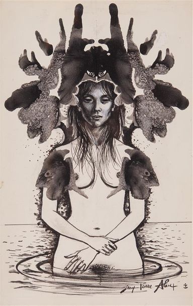 Jean Pierre ALAUX (1925-1982) Femme nue en buste Lavis d'encre, signé en bas à d&hellip;