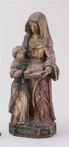Null Sculpture en bois sculpté polychrome représentant l'Education de la Vierge &hellip;