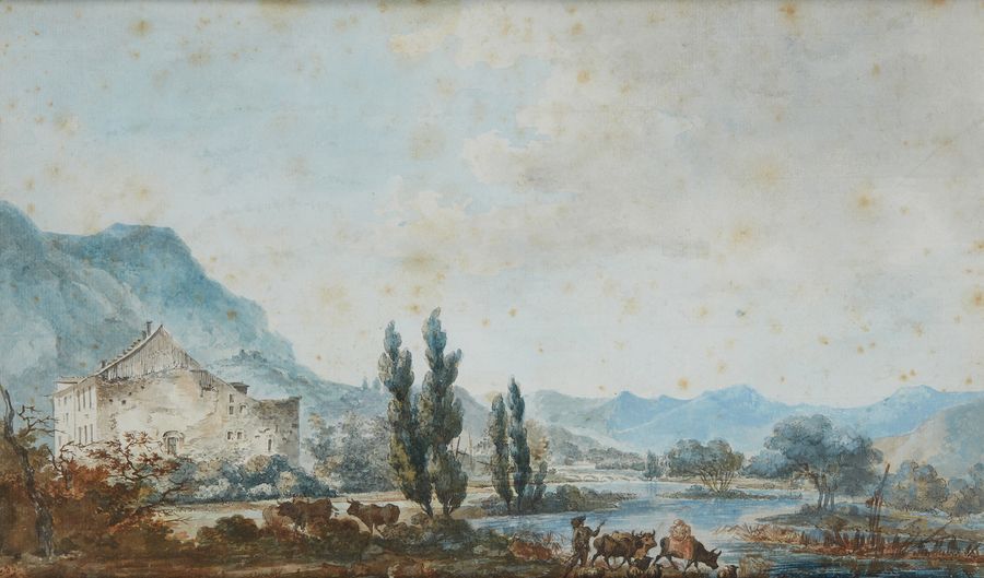 École FRANÇAISE du XVIIIe siècle Paysage à la rivière animée Aquarelle et encre &hellip;
