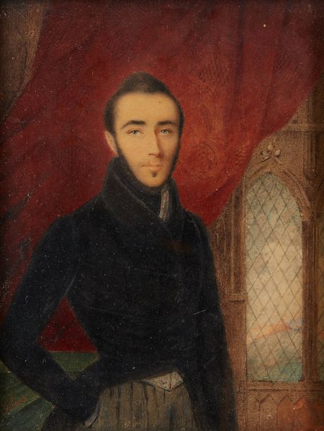 JOSEPH GAYE (1803-1862) Portrait d'homme dans un intérieur néo-gothique Aquarell&hellip;