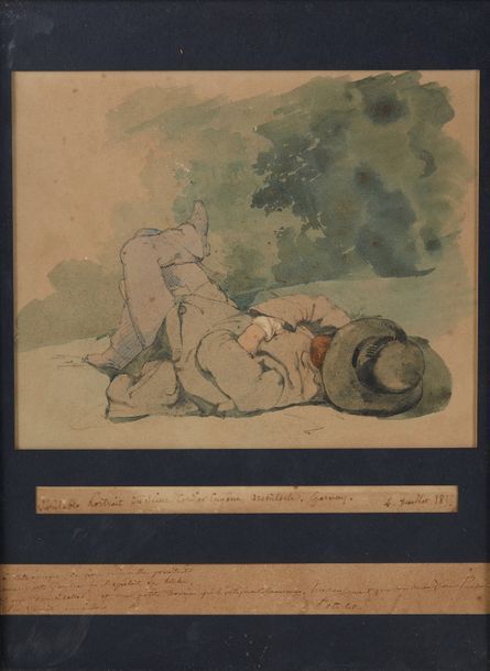École Française du XIXe siècle Homme faisant la sieste dans un jardin, Portrait &hellip;