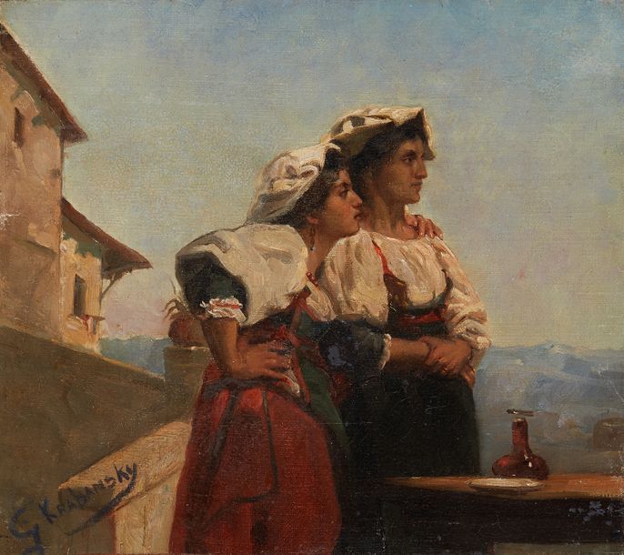 Gustave KRABANSKY (1852-?) Deux femmes dans un village des environs de Rome
Huil&hellip;