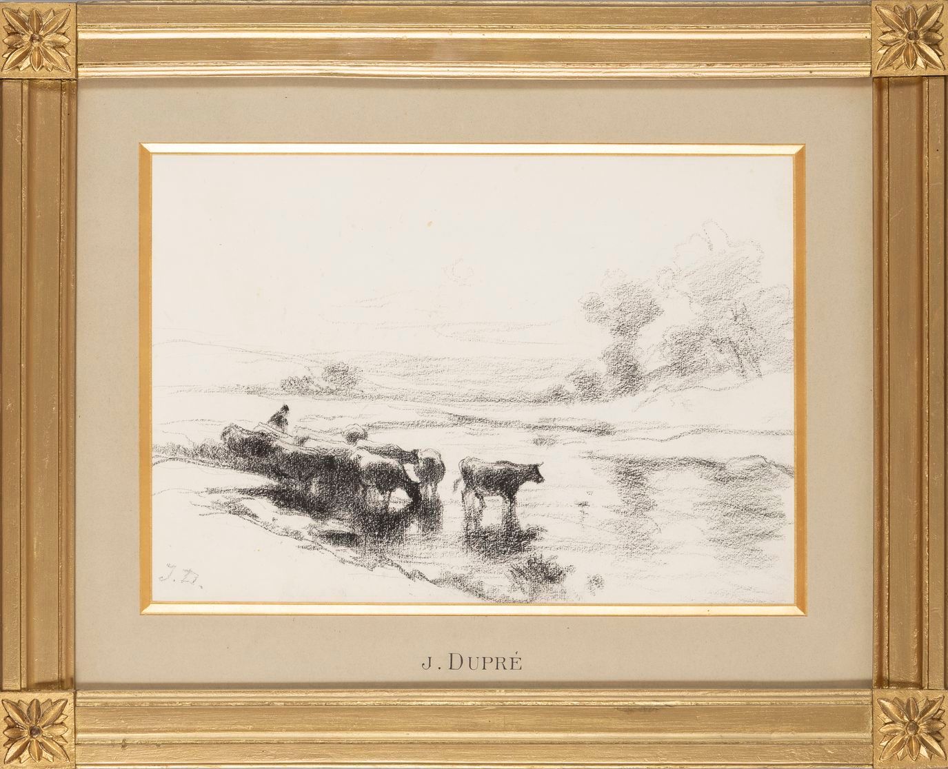 Null 12.儒勒-杜普雷（1811-1899）。池塘边的牛群和牧羊人。炭笔画，左下方有字。30 x 43厘米。