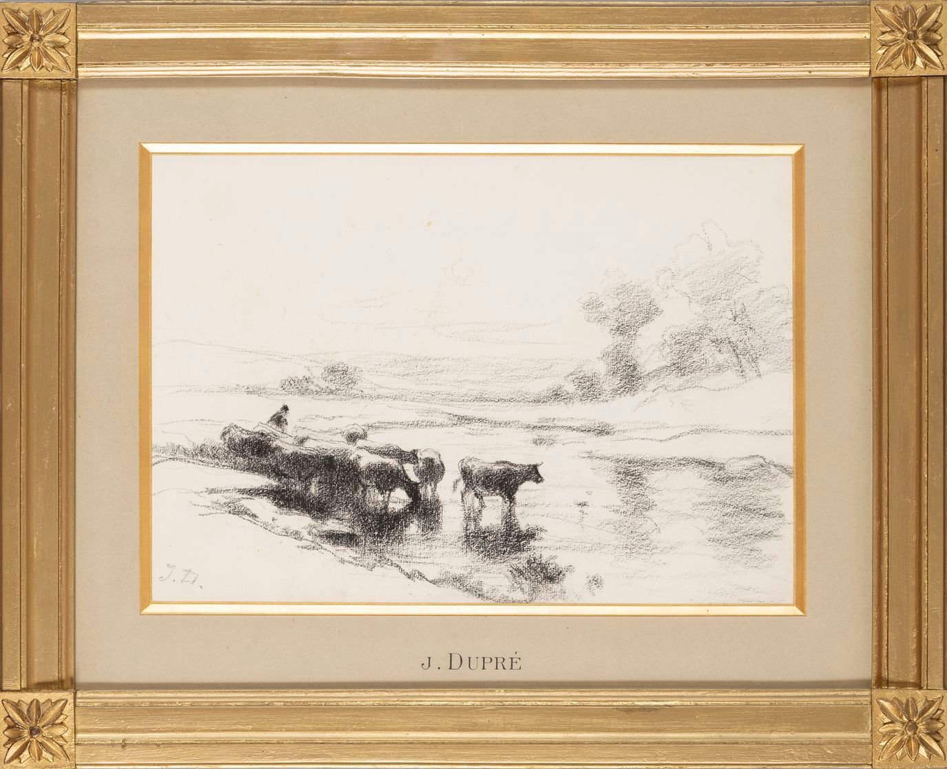 Null 12. Jules DUPRÉ (1811-1899). Troupeau et berger à la mare. Dessin au fusain&hellip;