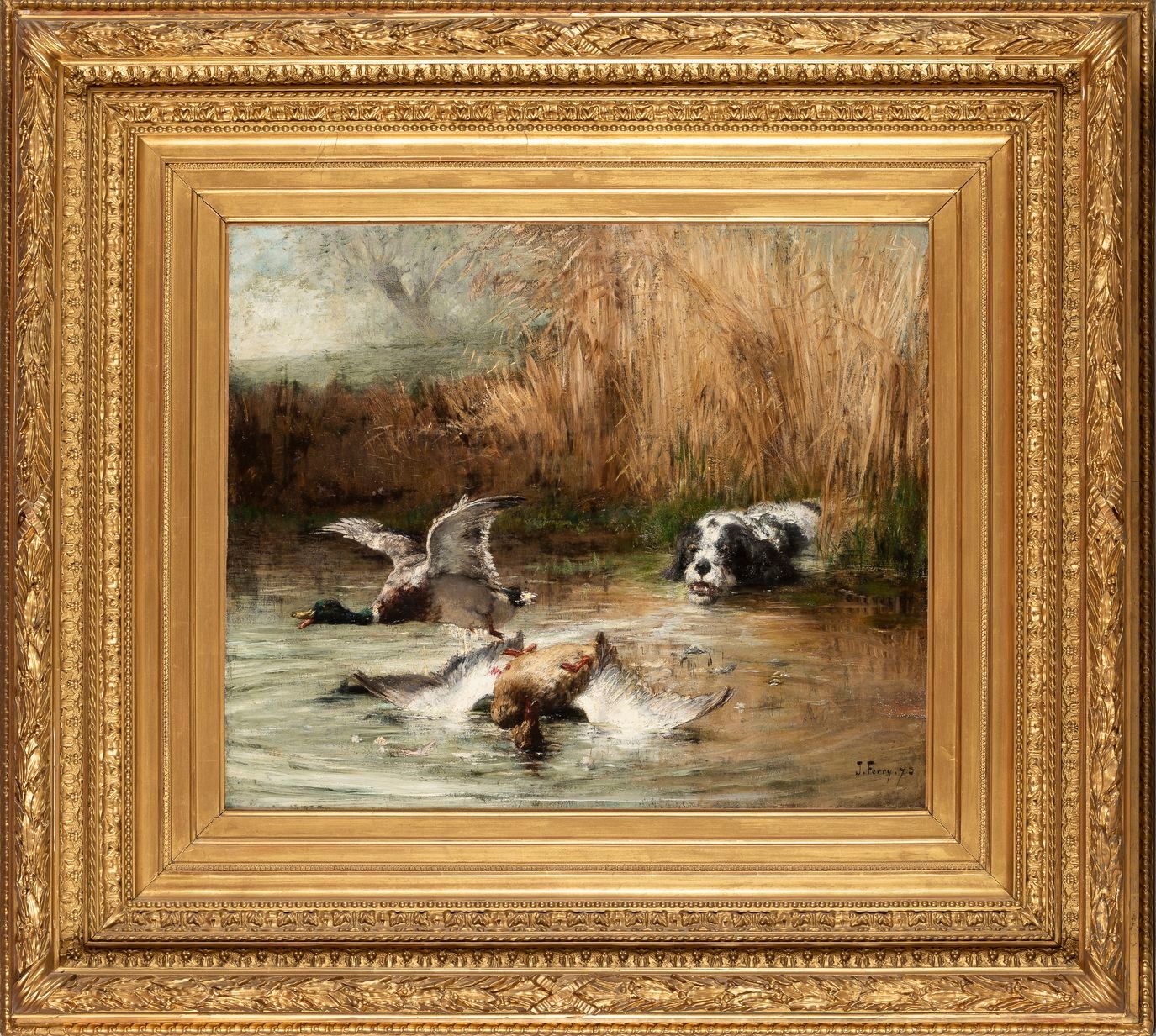 Null 11. Jules Jean FERRY (Bordeaux, 1844-1913). Dog chasing ducks. Oil on canva&hellip;