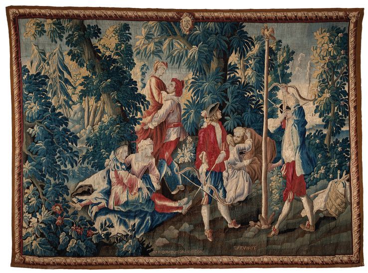 Null 110.来自皇家奥布松制造厂的挂毯，约1750年，青年。 皮孔的工作室，用羊毛和丝绸编织了一幅尼古拉-朗克雷特（1690-1743）之后的《生命的四个&hellip;