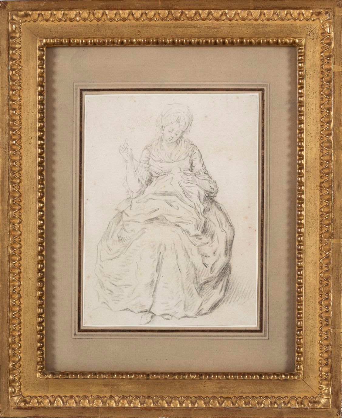 Null 57.Nicolas LANCRET (1690-1743)归属。年轻女子在缝制。 黑石画，无签名。20 x 15厘米。