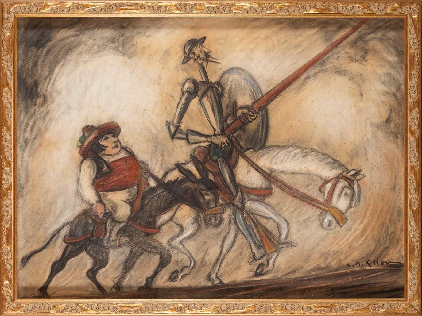 Null 100. Lucien ELLER (1894-1940). Don Quichotte et Sancho Pansa. Pastel, signé&hellip;
