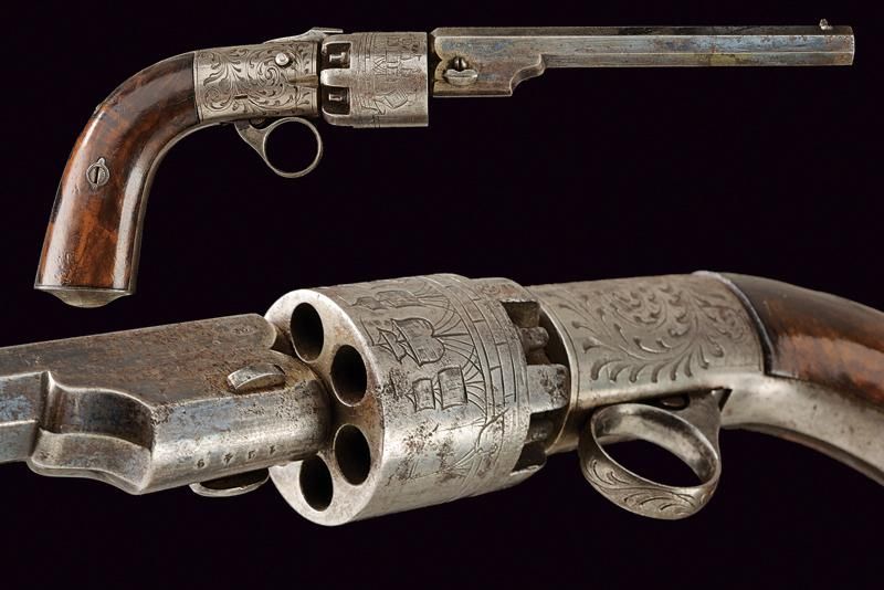 An interessing percussion revolver 日期：约1855年 出处：比利时，有膛线的八角形枪管，有前视镜和50%的原始修饰，底部皇冠&hellip;