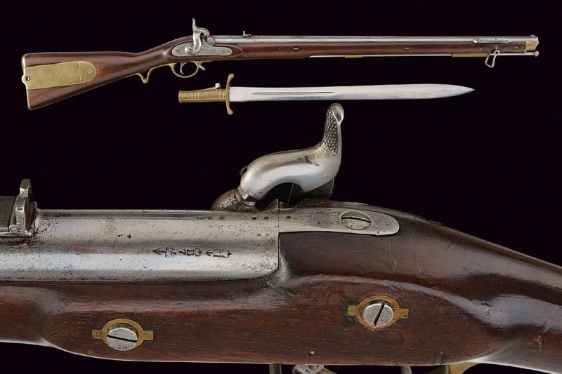 A Brunswick percussion rifle with bayonet 日期：19世纪中叶 出处：英国，圆形，19，6毫米口径枪管在喷嘴处有带球的凹&hellip;
