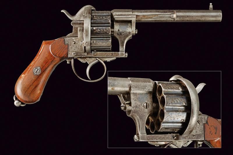 A rare ten-shot pin fire Chaineux revolver 日期：约1870年 出处：比利时，圆形，有膛线，11毫米口径枪管，底部为八&hellip;