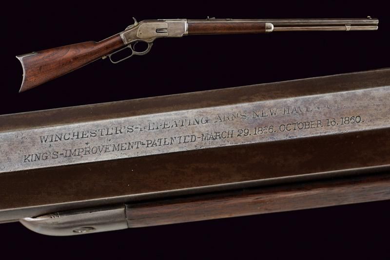 A Winchester Model 1873 Carbine 日期：1883年 出处：美国，有膛线的八角形枪管，带前视镜和可调后视镜，标有公司地址，"KING&hellip;