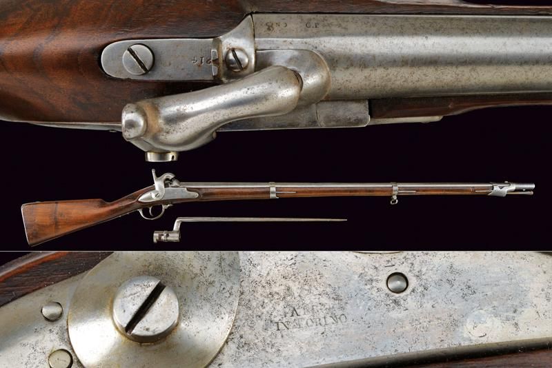 An 1844 model percussion gun with bayonet 日期：19世纪中叶 出处：皮埃蒙特，圆形，滑膛，喷嘴处为17.6毫米口径的枪&hellip;