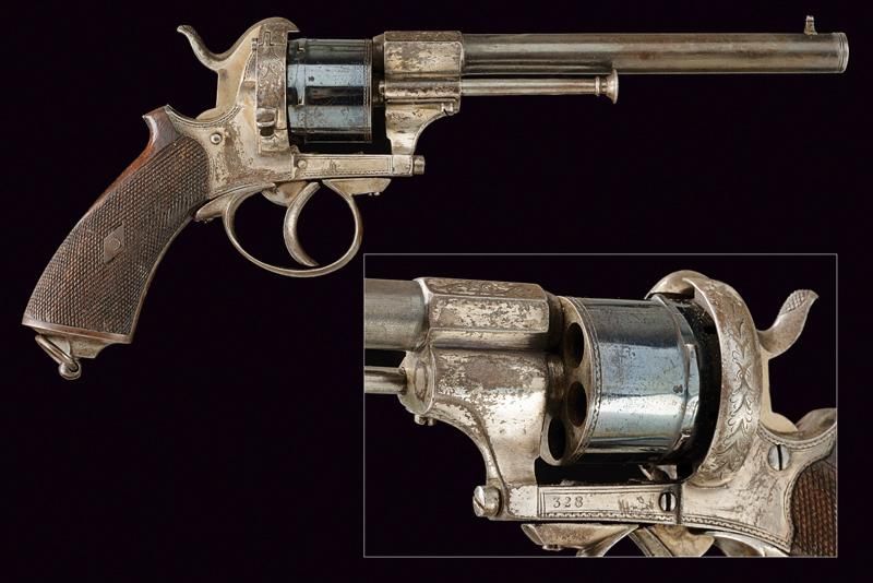 A pin fire revolver 日期：1870年 出处：英国，圆形，有膛线，9毫米口径枪管，底部为八角形，高前视镜；光滑，发蓝，六发弹筒，有伯明翰测试台&hellip;