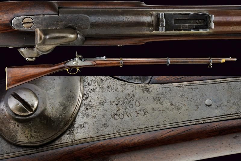 An Enfield percussion rifle 年代：19世纪第三季度 出处：英国，圆形，15毫米口径枪管，有残留的膛线，点蚀，有折叠式可调后视镜（底部&hellip;