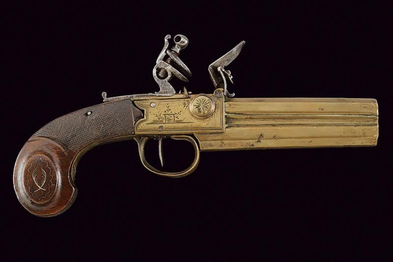 An over-and under-barreled naval flintlock pistol 日期：约1800年 出处：欧洲欧洲，黄铜，10.5毫米口径的&hellip;