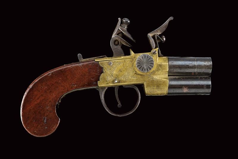 An over and under barrelled flintlock pocket pistol 日期：约1820年 出处：伦敦伦敦，滑膛枪，短，圆，棕色&hellip;