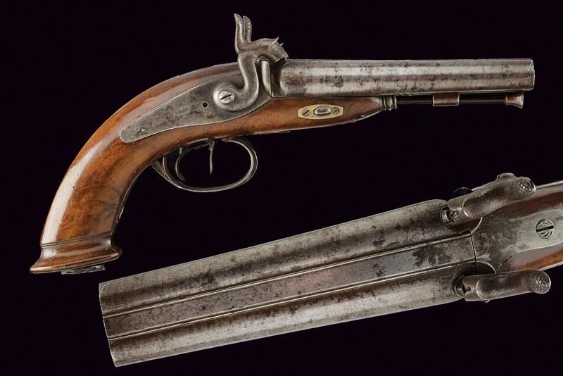 A double-barreled percussion pistol 日期：19世纪中期19世纪中期 出处：欧洲欧洲，圆形，滑膛，13毫米口径的枪管，边缘有肋&hellip;