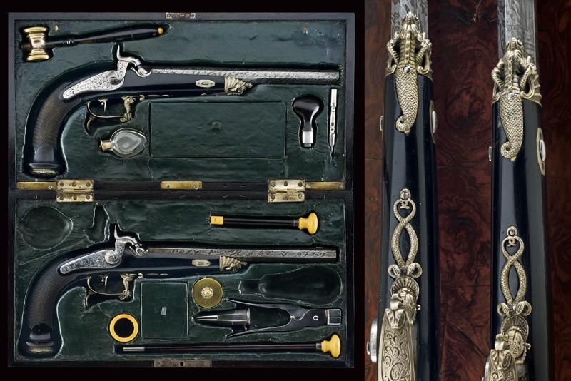 A cased pair of rare and elegant percussion pistols by Colombo Datierung: Mitte &hellip;