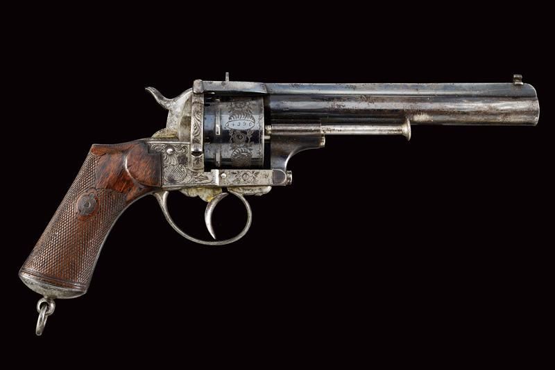 A fine Lefaucheux pin fire revolver 日期：约1870年 出处：比利时，圆形，有膛线，11毫米口径的枪管，有高肋，瞄准器和前视&hellip;