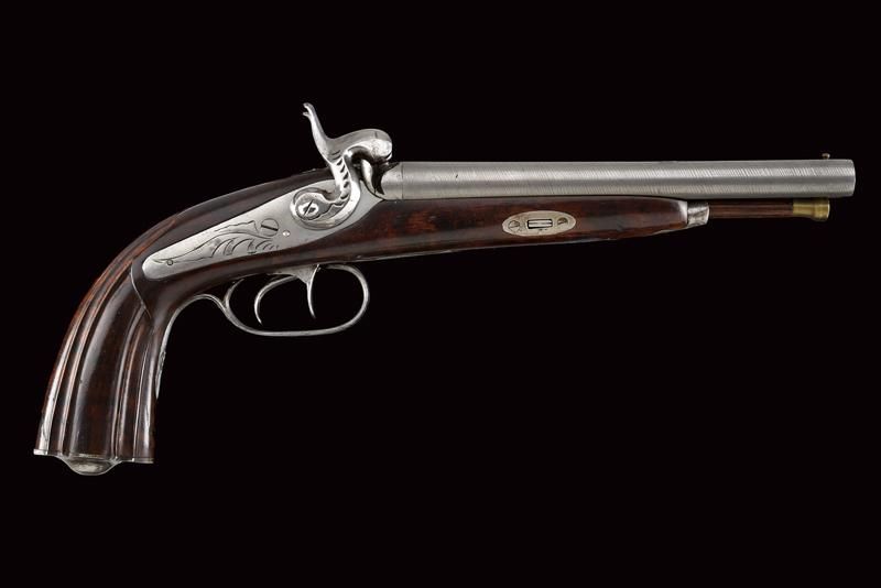 A double-barreled percussion pistol 日期：19世纪中期19世纪中期 出处：欧洲欧洲，圆形，滑膛枪管（干净的枪膛）由精美的大马&hellip;