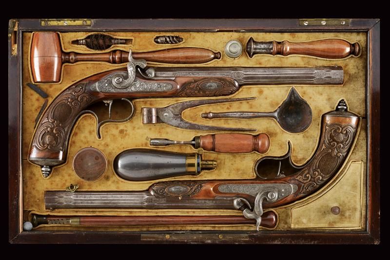 A pair of cased percussion pistols dating: Mid 19th Century provenance: Belgium,&hellip;