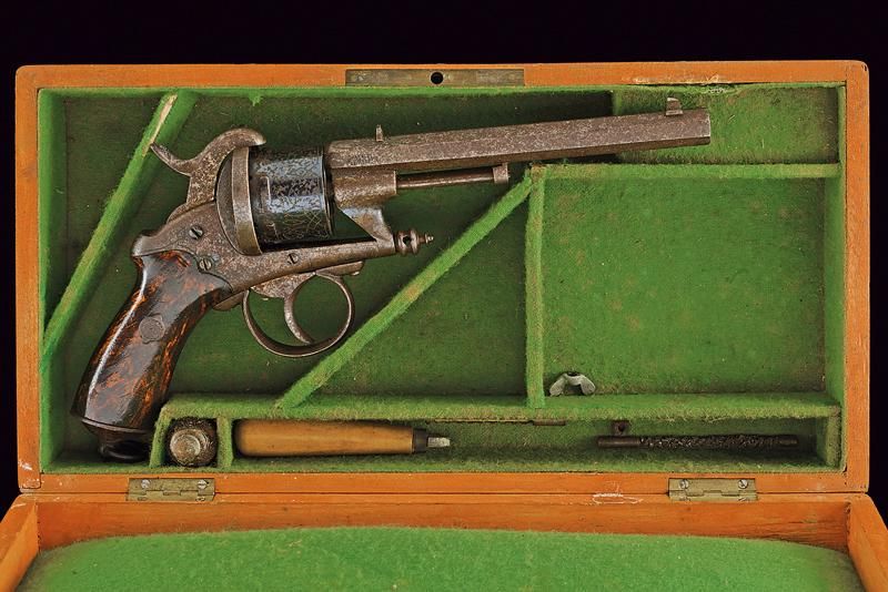 A cased Chamelot-Delvigne pinfire revolver dating: about 1870 provenance: Belgiu&hellip;