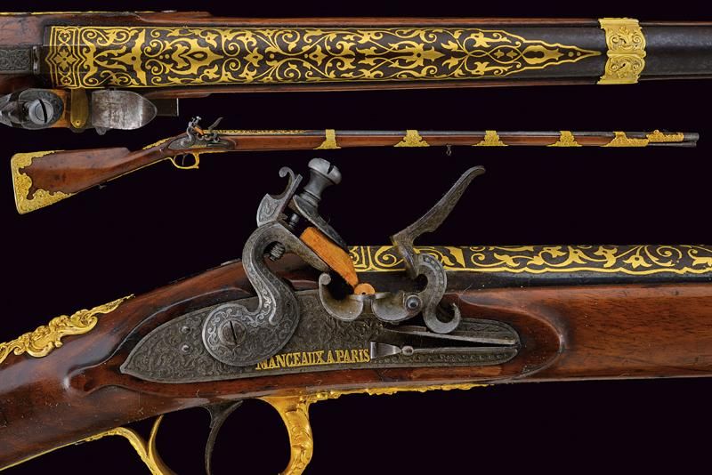 Null 曼索的一把漂亮的燧发枪
日期：19世纪第二季度19世纪第二季度出处：巴黎，滑膛枪，圆形，18毫米口径枪管，八角形底座，镶嵌有花卉图案；雕刻的枪托；精美&hellip;