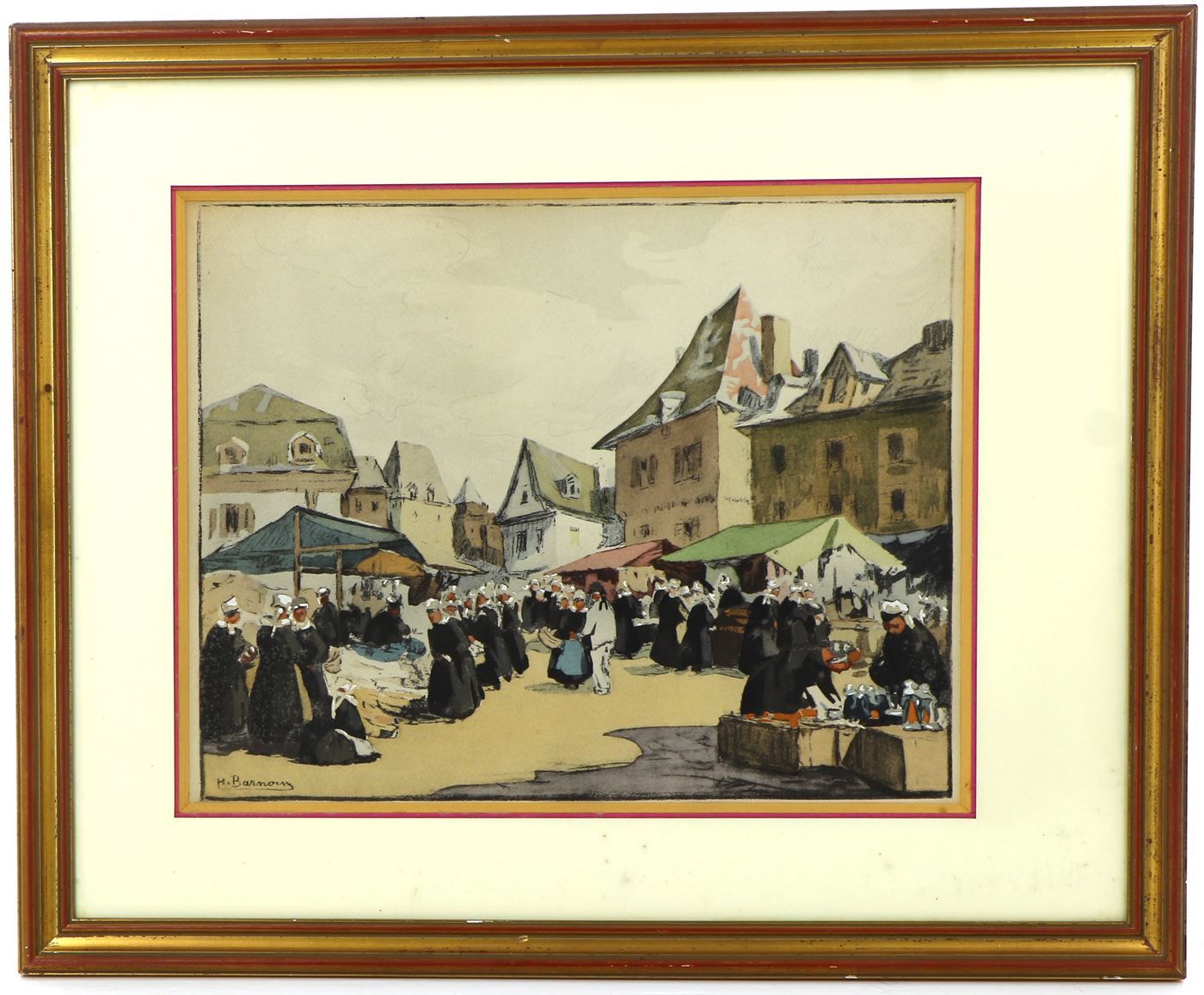 BARNOIN Henri 1882-1940 Marché breton Lithographie réhauts gouache signée 