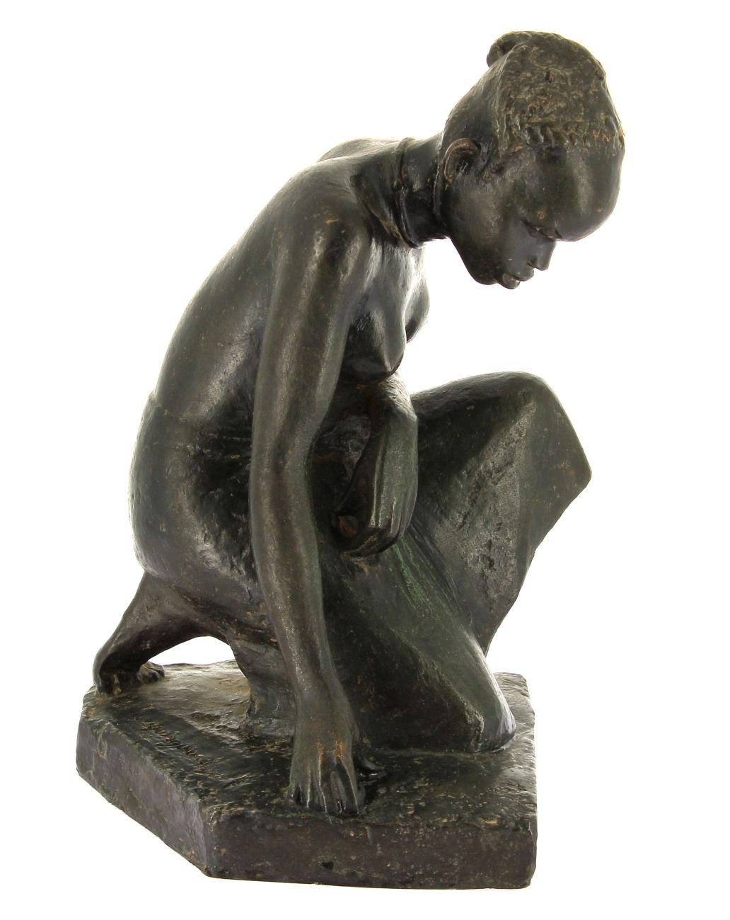 Null Anna QUINQUAUD (1890-1984) "Jeune africaine agenouillée", sujet en bronze à&hellip;