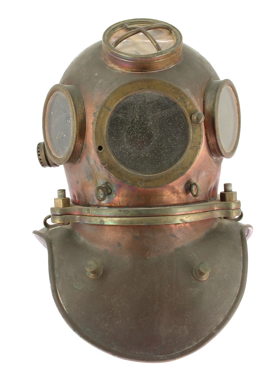 Null SSM 3 螺栓潜水头盔，Denayrouze 专利，19 世纪末，无标记，使用过，有凹痕，一块玻璃有裂痕（前格栅下的一块）（桶由来自杜阿内内斯的一只&hellip;