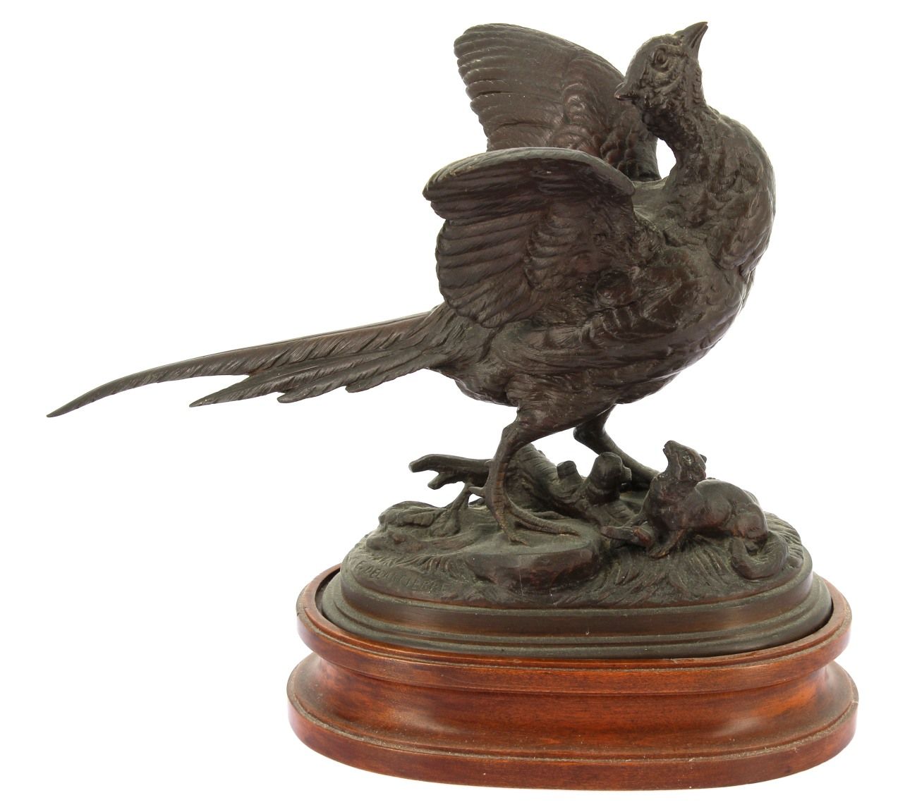 Null Édouard Paul DELABRIERRE (1829-1912) "Faisan et fouine"（野鸡和黄鼠狼），青铜题材，带棕色铜锈，&hellip;