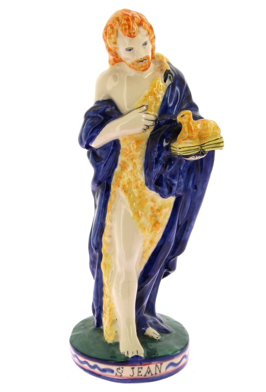 Null HB QUIMPER - "St Jean", statuette en faïence polychrome, H 32 cm