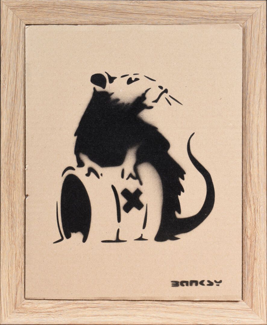 Null BANKSY (Né en 1974)
"Rat with toxic waste barrel"
Pochoir sur carton signé &hellip;