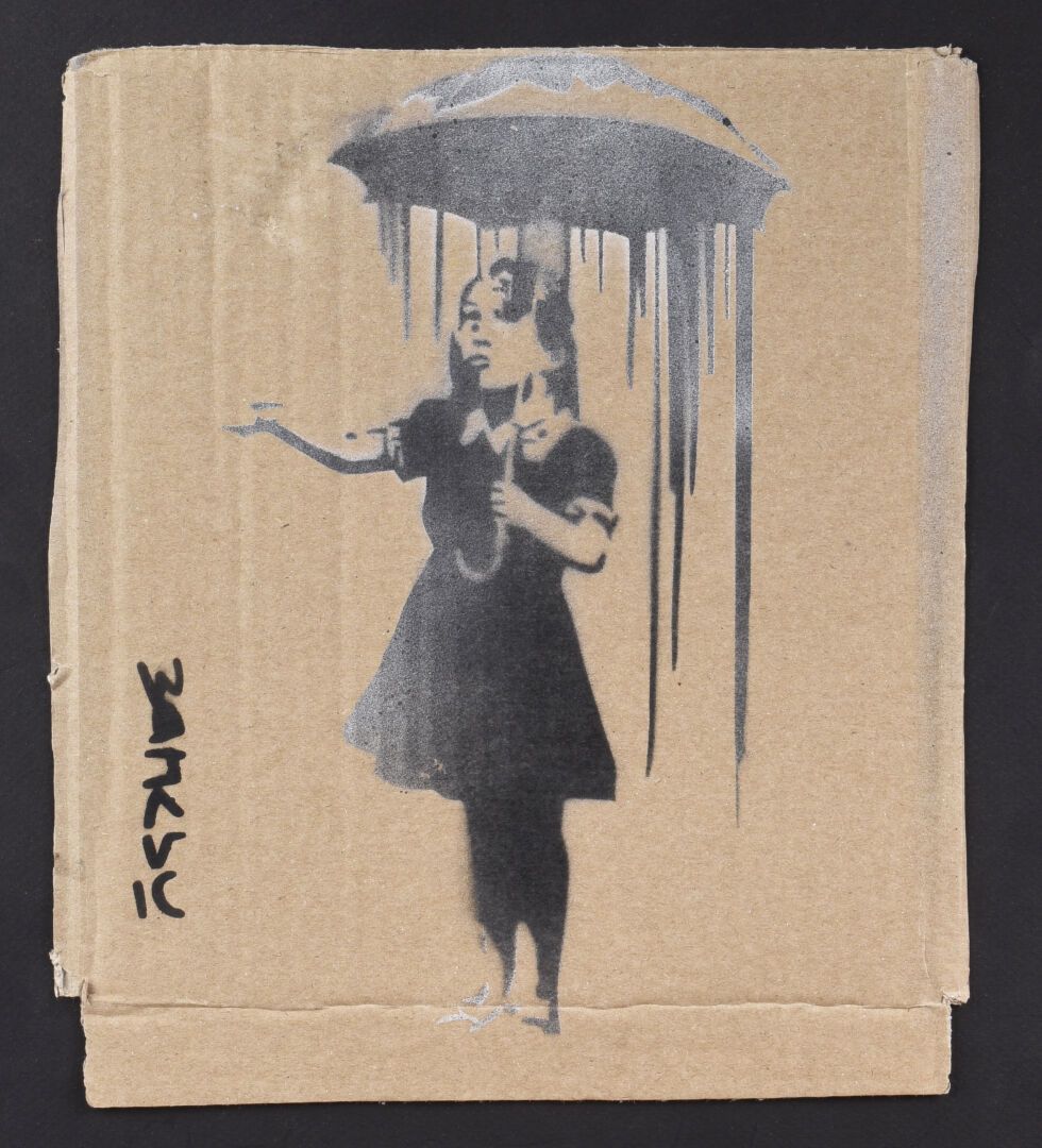 Null BANKSY (Né en 1974)
"Girl with umbrella"
Pochoir sur carton signé en bas à &hellip;