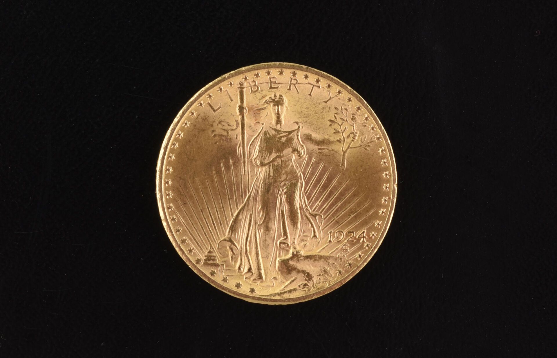 Null 美国
1924 年费城 20 美元金鹰硬币。
(边缘凹凸、划痕、磨损）。