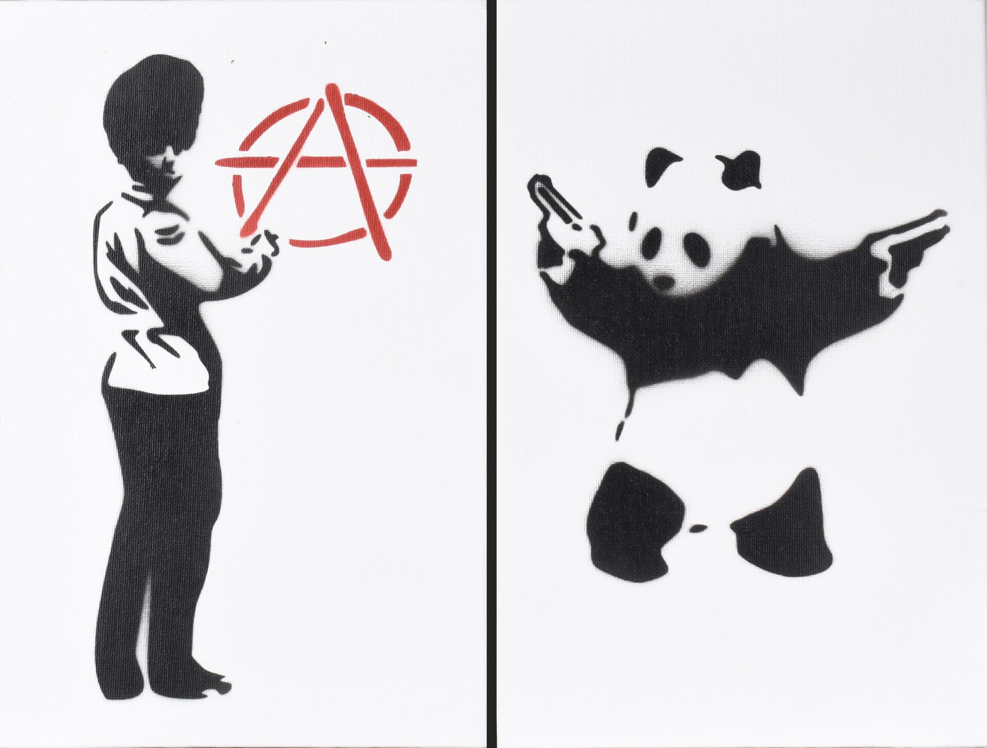 Null BANKSY (Né en 1974)
"Queen's guard" et "Panda with guns"
2 pochoirs sur car&hellip;