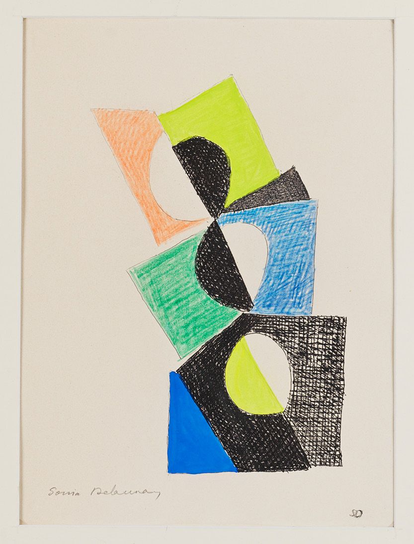 Sonia DELAUNAY (1887-1979) UNTITLED, 1961
在黑色蚀刻背景上的水粉和彩色铅笔，在japon nacré
左下方有石墨签名&hellip;